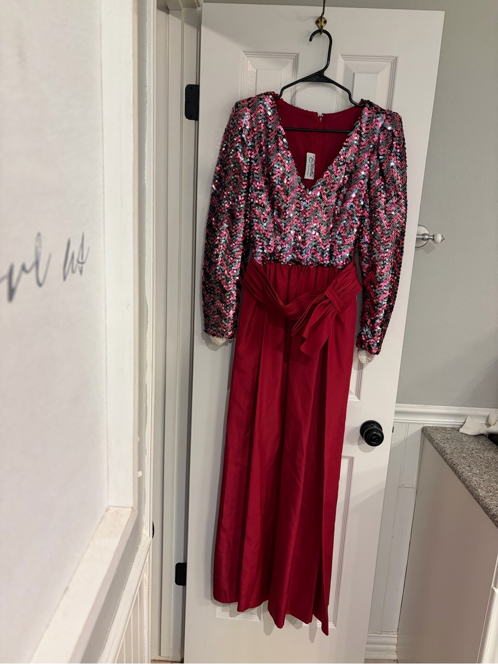 Vintage Miss Elliette Sequin Chevron Maxi Dress Detachable Bow 12